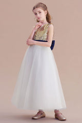 A-Line Bow Sequins Ankle Length Flower Girl Dress Online