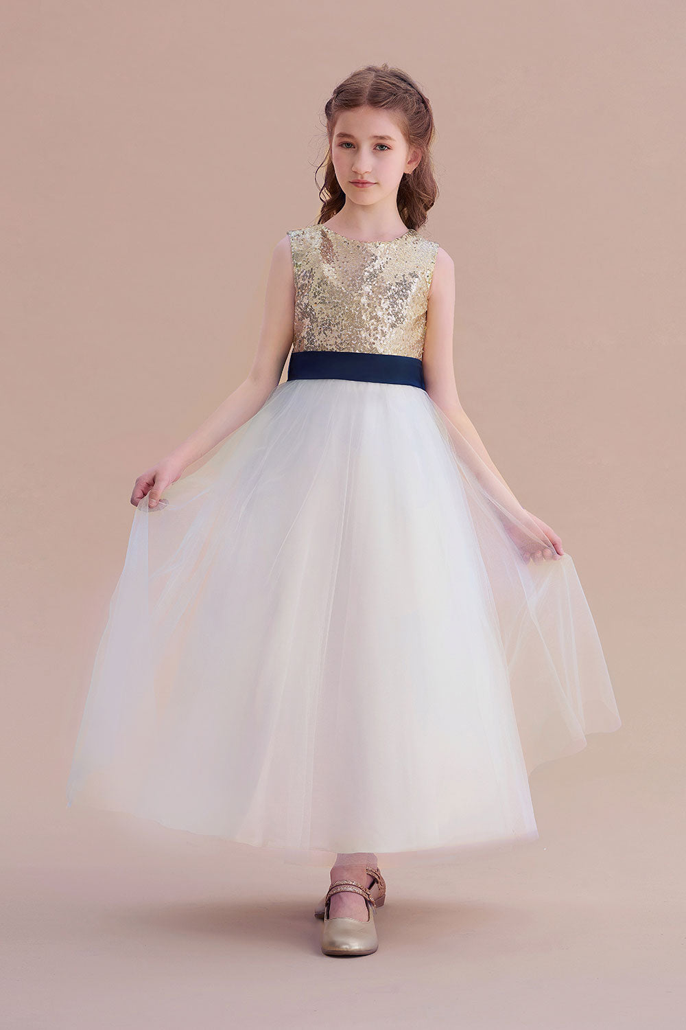 A-Line Bow Sequins Ankle Length Flower Girl Dress Online