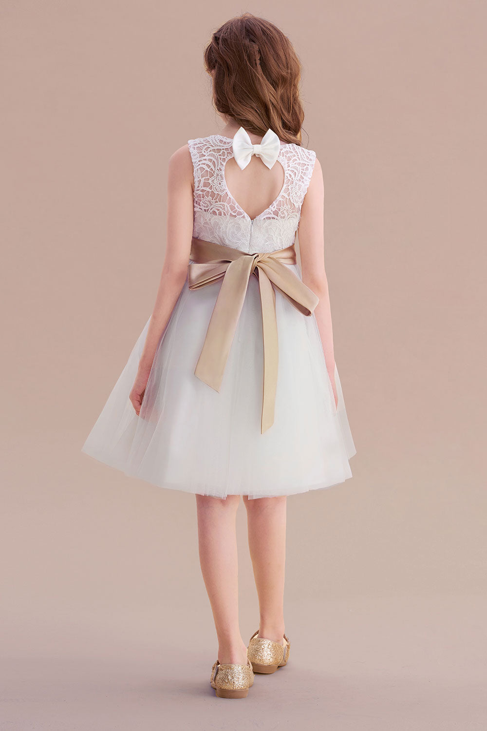 A-Line Bow Tulle Lace Knee Length Flower Girl Dress Online