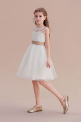 A-Line Bow Tulle Lace Knee Length Flower Girl Dress Online