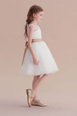 A-Line Bow Tulle Lace Knee Length Flower Girl Dress Online