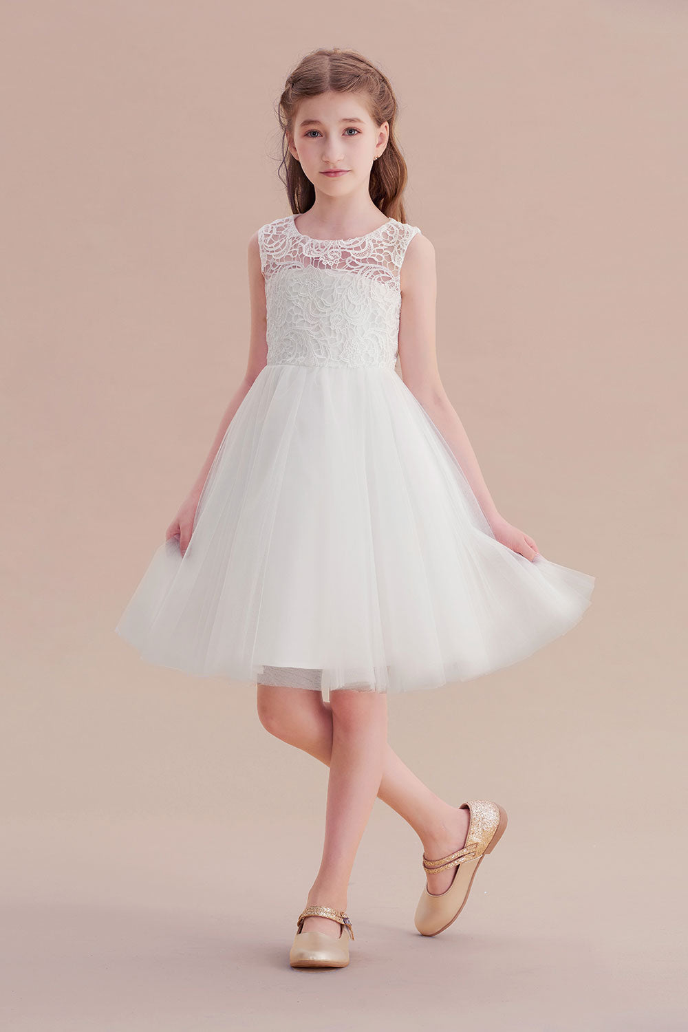 A-Line Bow Tulle Lace Knee Length Flower Girl Dress Online