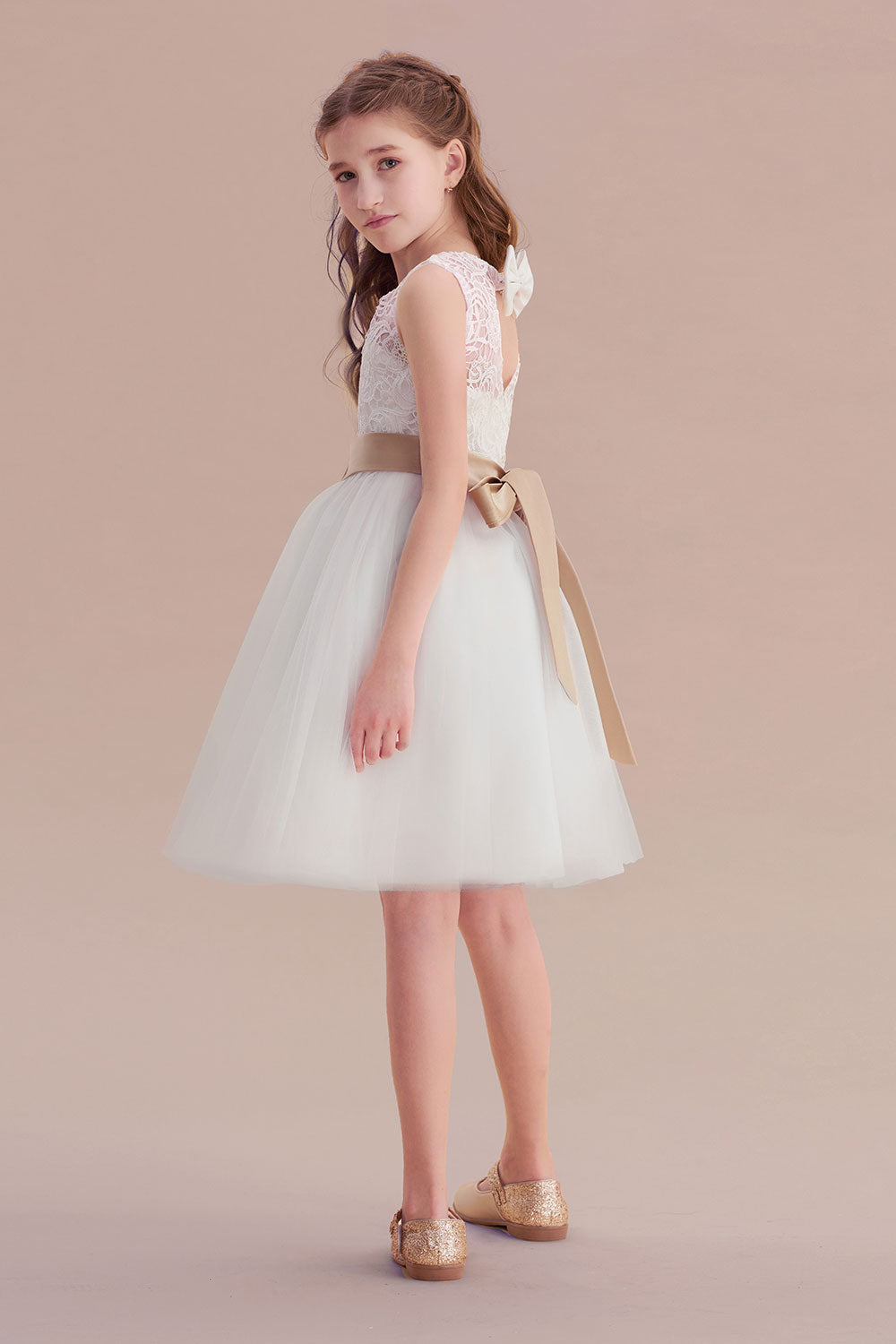 A-Line Bow Tulle Lace Knee Length Flower Girl Dress Online