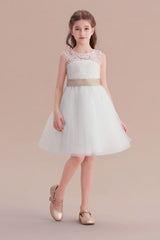 A-Line Bow Tulle Lace Knee Length Flower Girl Dress Online