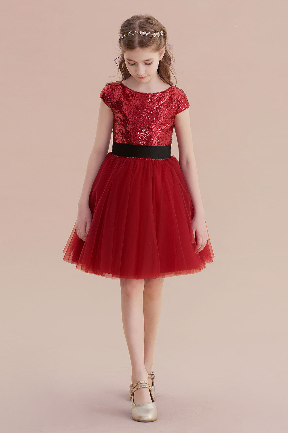 A-Line Cap Sleeve Sequins Tulle Flower Girl Dress On Sale