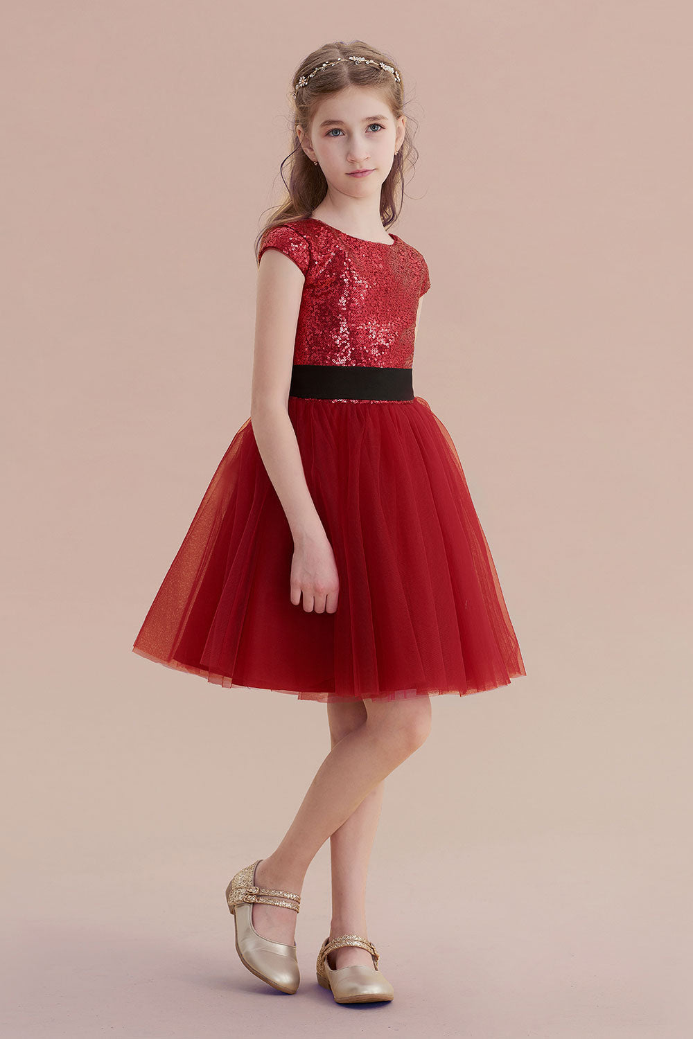 A-Line Cap Sleeve Sequins Tulle Flower Girl Dress On Sale