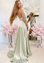 A-Line Charmeuse Prom Dress/Evening Dress with Pleated Split and Cowl Neck - Long/Floor-Length