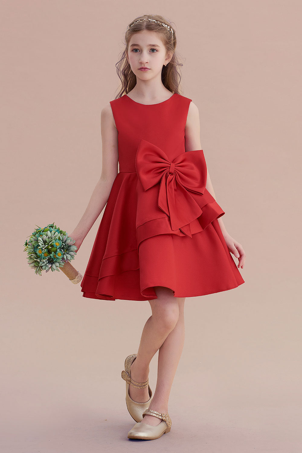 A-Line Chic Bow Satin Knee Length Flower Girl Dress On Sale