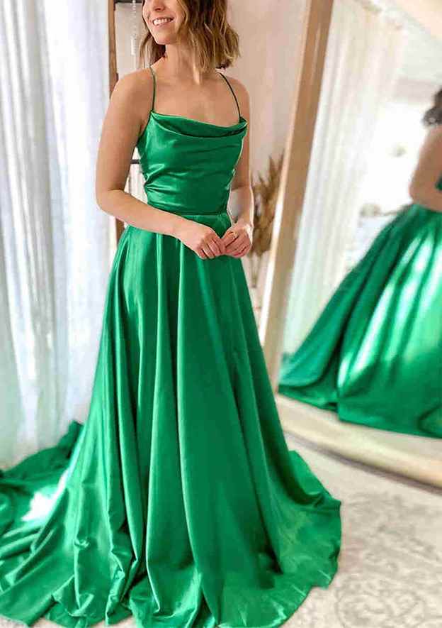 A-Line Cowl Neck Spaghetti Straps Sweep Train Charmeuse Prom Dress/Evening Dress With Split Pockets Pleated