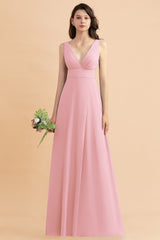 A-Line Dusty Blue Chiffon Ruffles Bridesmaid Dress with Slit