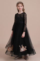 A-Line Embroidered Long Sleeve Tulle Flower Girl Dress On Sale