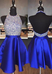 A-Line Halter Sleeveless Satin Homecoming Dress with Beading Sequins