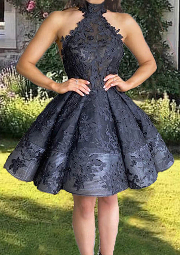 A-Line High-Neck Laced Short/Mini Homecoming Dress with Appliques