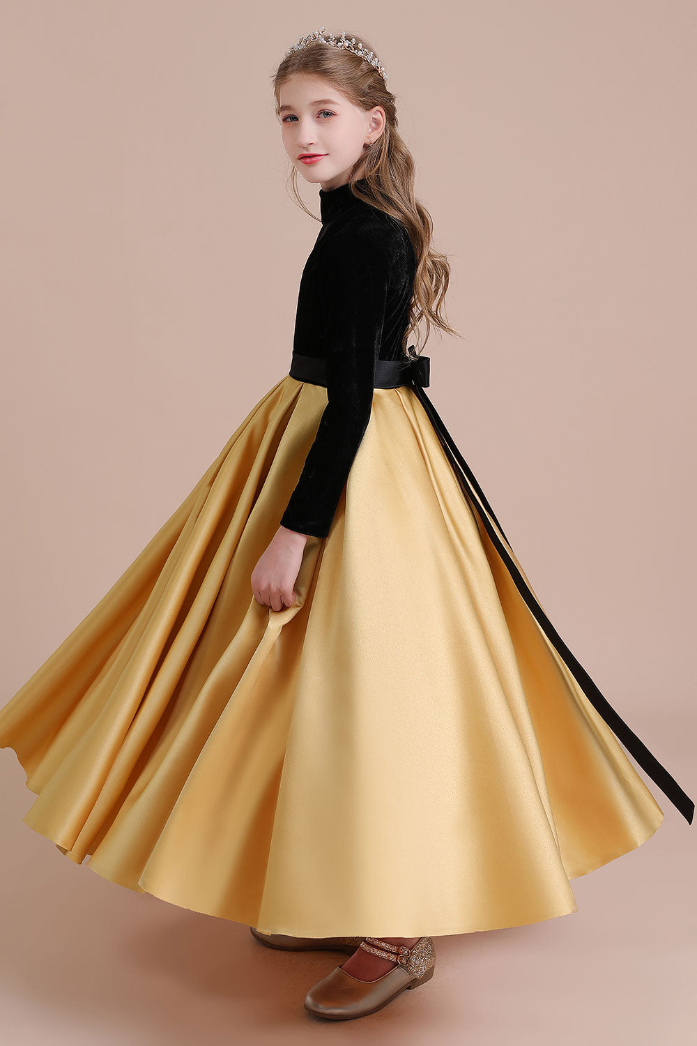 A-Line High-neck Velvet Satin Flower Girl Dress Online