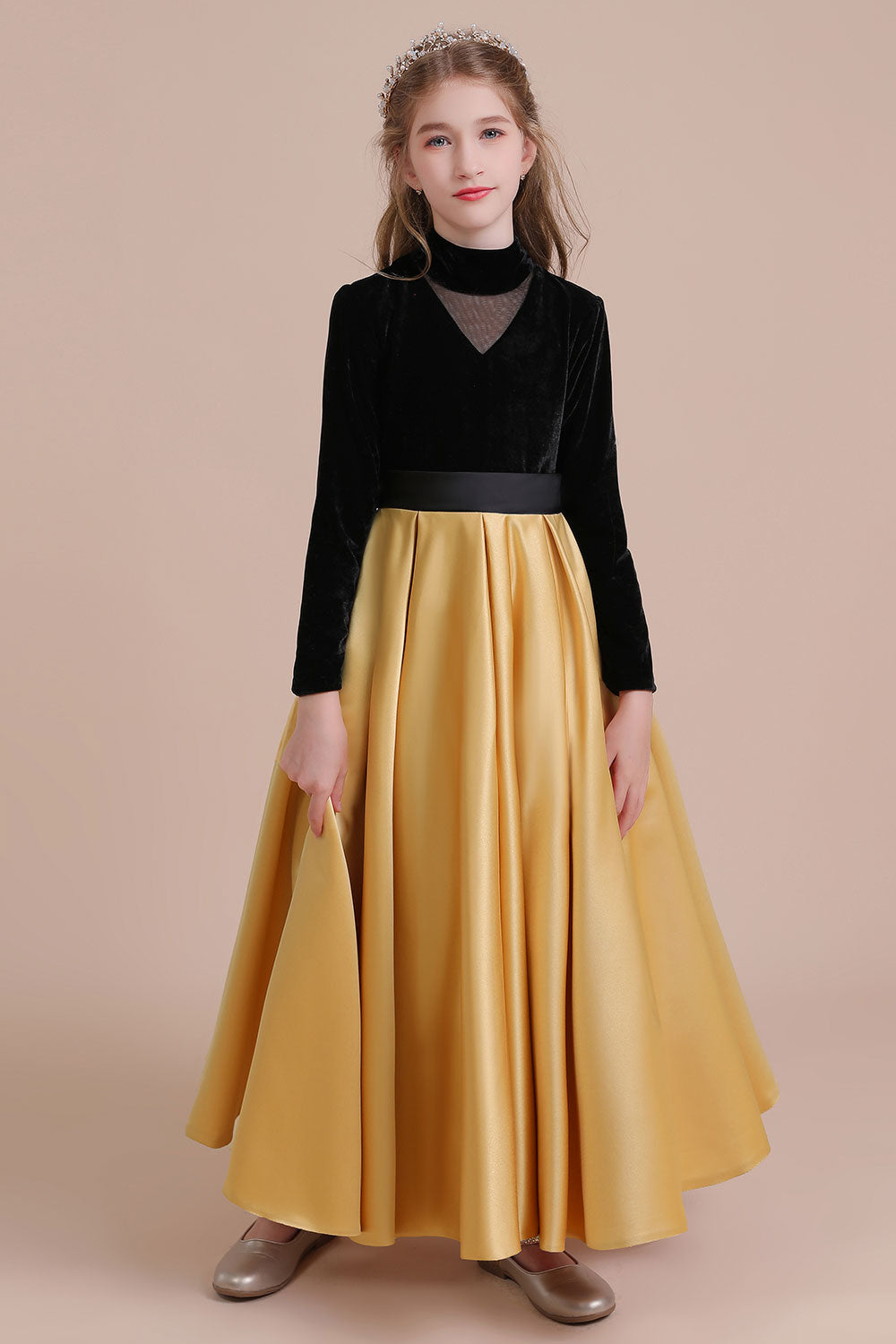 A-Line High-neck Velvet Satin Flower Girl Dress Online