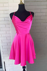 A-Line Hot Pink Cowl-Neck Lace-Up Short Homecoming Dress