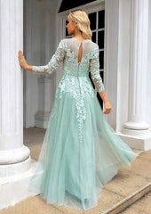 A-Line Illusion Neck Prom Dress/Evening Dress with Applique - Long/Floor-Length Tulle