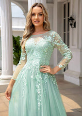 A-Line Illusion Neck Prom Dress/Evening Dress with Applique - Long/Floor-Length Tulle