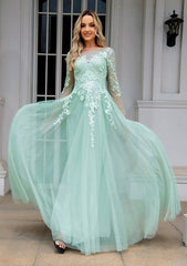 A-Line Illusion Neck Prom Dress/Evening Dress with Applique - Long/Floor-Length Tulle