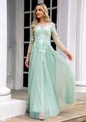 A-Line Illusion Neck Prom Dress/Evening Dress with Applique - Long/Floor-Length Tulle