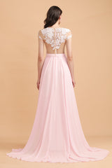 A-Line Jewel Chiffon Lace Ruffles Bridesmaid Dress with Slit