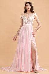 A-Line Jewel Chiffon Lace Ruffles Bridesmaid Dress with Slit