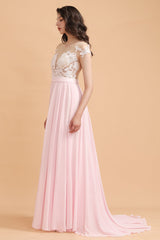 A-Line Jewel Chiffon Lace Ruffles Bridesmaid Dress with Slit