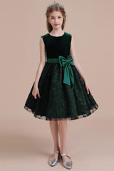 A-Line Lace Velvet Knee Length Flower Girl Dress Online