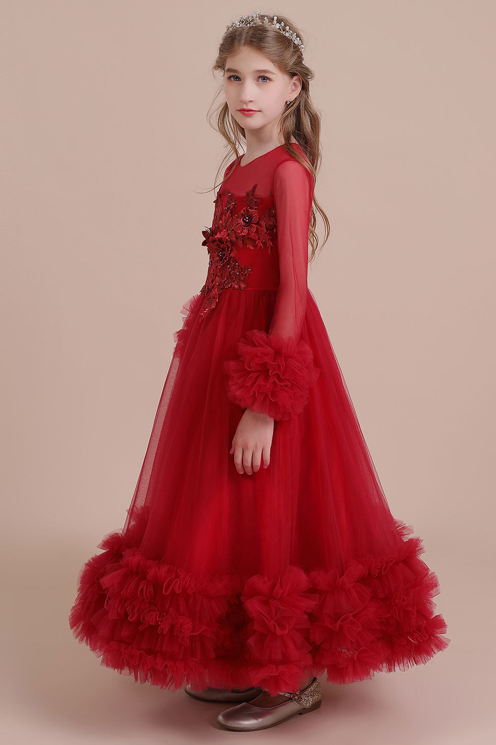 A-Line Long Sleeve Applique Tulle Flower Girl Dress On Sale