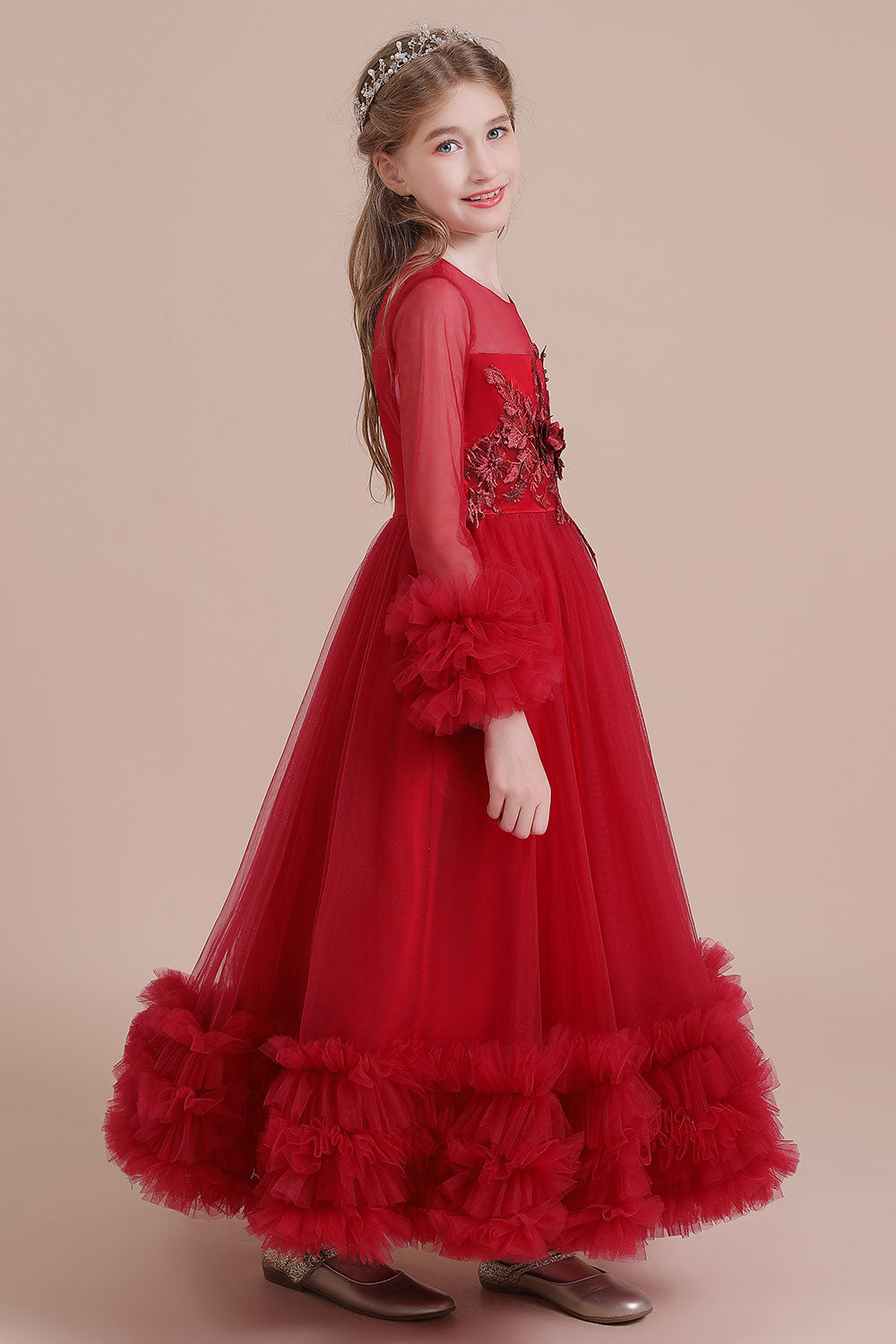 A-Line Long Sleeve Applique Tulle Flower Girl Dress On Sale