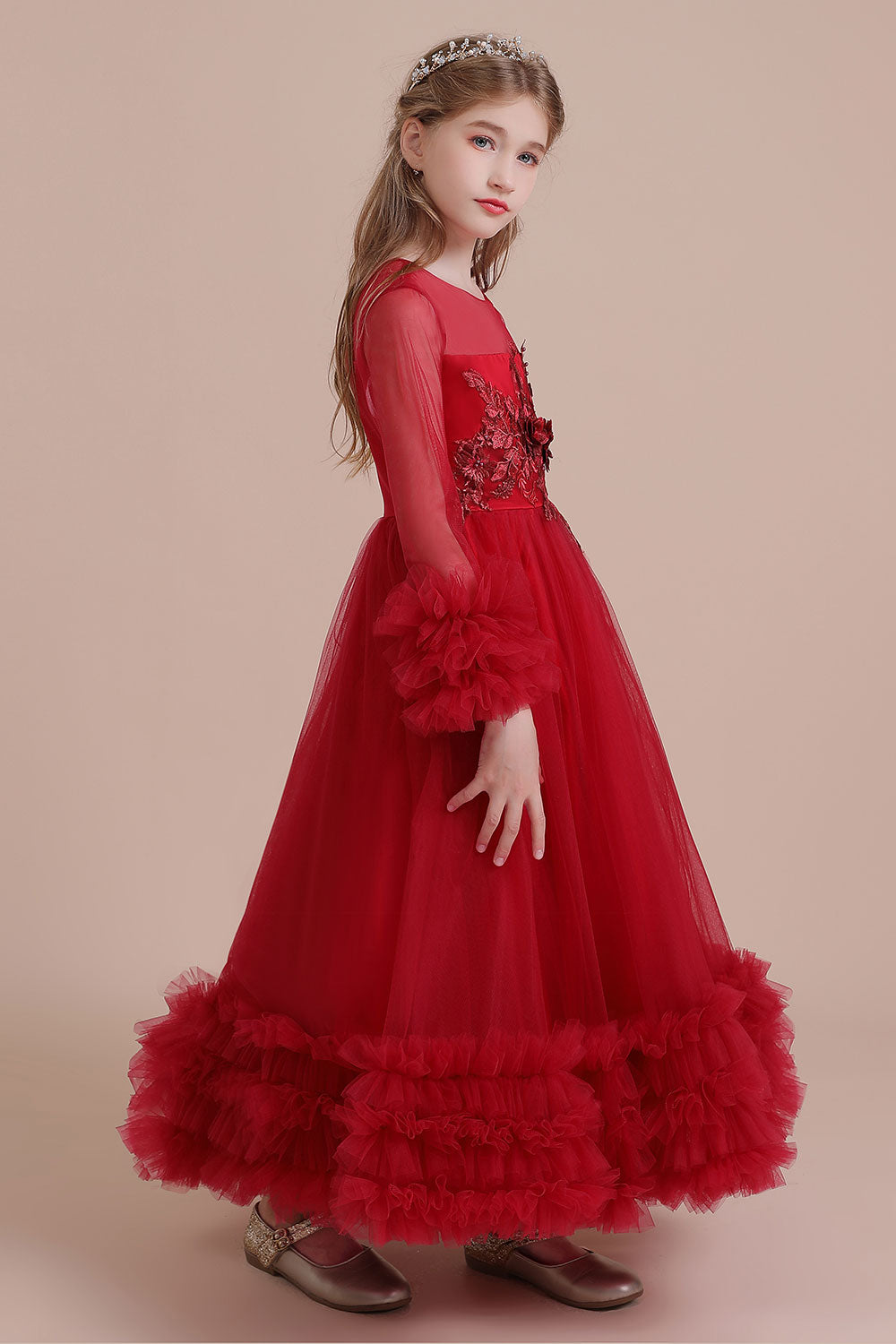 A-Line Long Sleeve Applique Tulle Flower Girl Dress On Sale