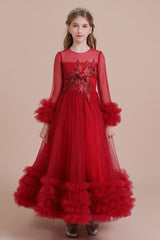 A-Line Long Sleeve Applique Tulle Flower Girl Dress On Sale