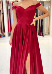 A-Line Off-the-Shoulder Long Satin Prom Dress/Evening Dress with Split