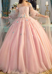 A-Line Off The Shoulder Long Sleeve Tulle Prom Dress/Evening Dress with Pleated Detail