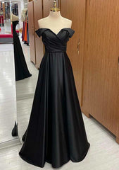 A-Line Off-the-Shoulder Satin Prom Dress/Evening Dress with Pleated Long/Floor-Length Skirt