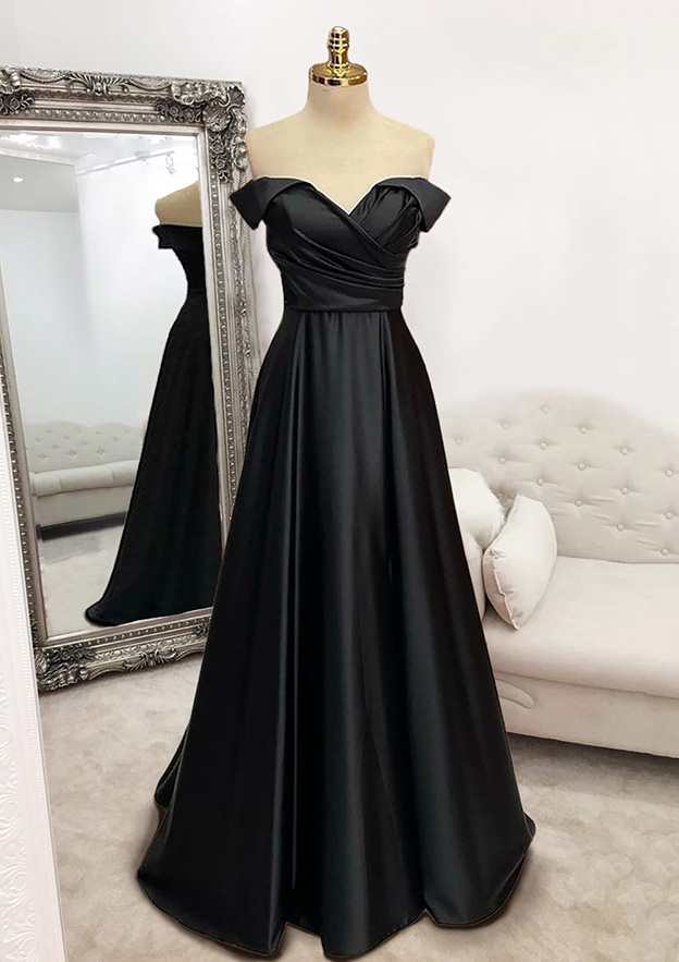 A-Line Off-the-Shoulder Satin Prom Dress/Evening Dress with Pleated Long/Floor-Length Skirt