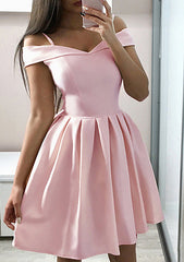 A-Line Off-the-Shoulder Satin Sleeveless Homecoming Dress With Ruffles