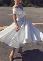 A-Line Off-the-Shoulder Satin Tea-Length Homecoming Dress with Pleated Ruffles