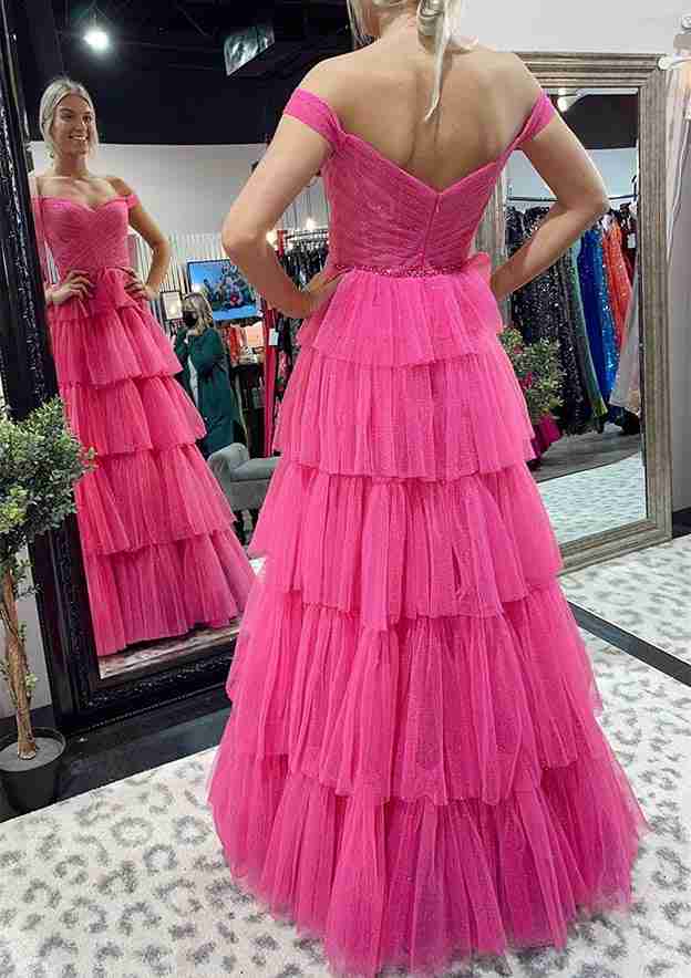 A-Line Off-the-Shoulder Sleeveless Glitter Tulle Prom Dress/Evening Dress With Ruffles & Pleats