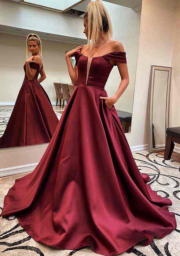 A-Line Off-the-Shoulder Sleeveless Satin Sweep Train Prom Dress/Evening Dress With Pockets