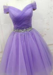 A-Line Off-the-Shoulder Sleeveless Tulle Homecoming Dress with Pleated Beading