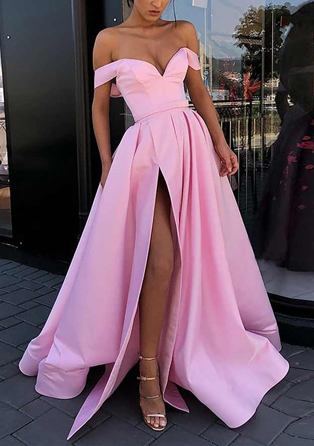 A-Line Off-the-Shoulder Strapless Long Satin Prom Dress/Evening Dress With Split