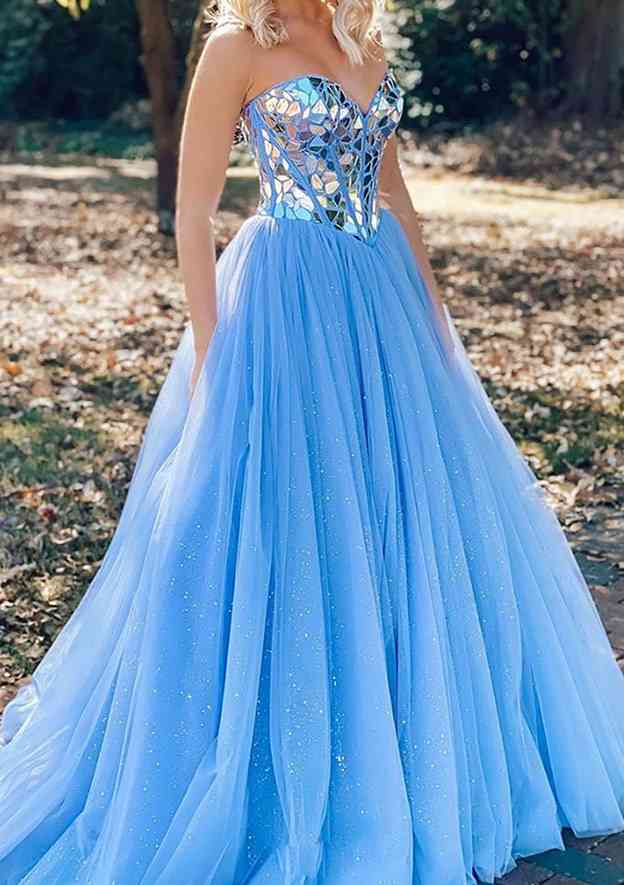 A-line Sweetheart Spaghetti Straps Sweep Train Tulle Glitter Prom Dress  With Appliqued