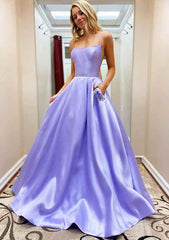 A-Line Prom Dress/Evening Dress with Square Neckline Spaghetti Straps Sweep Train Satin and Beaded Pockets