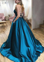 A-Line Satin Prom Dress/Evening Dress with Pleated Pockets and Spaghetti Straps - Ball Gown Square Neckline Sweep Train