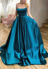 A-Line Satin Prom Dress/Evening Dress with Pleated Pockets and Spaghetti Straps - Ball Gown Square Neckline Sweep Train
