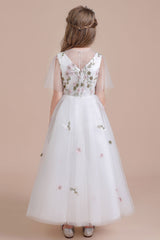 A-Line Short Sleeve Embroidered Tulle Flower Girl Dress On Sale