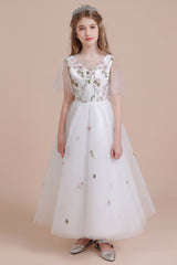 A-Line Short Sleeve Embroidered Tulle Flower Girl Dress On Sale