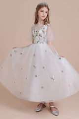 A-Line Short Sleeve Embroidered Tulle Flower Girl Dress On Sale