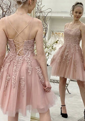 A-Line Sleeveless Laced Tulle Short Dress for Homecoming